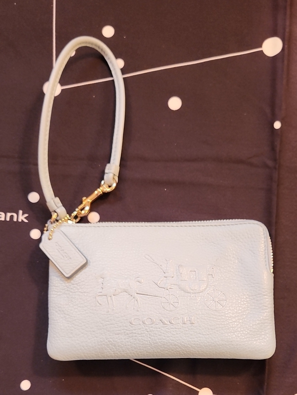 Coach Light Blue Pebbled Leather Wristlet with Gold Hardware